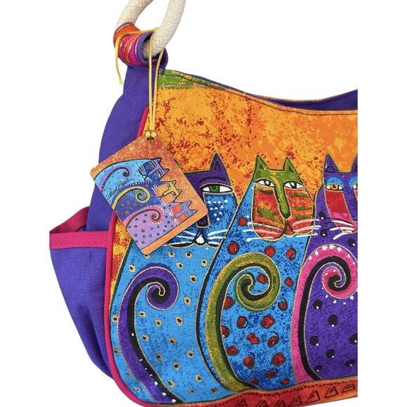 Laurel Burch Fantasticats Purse Shoulder Bag 6 Cats Zip Canvas Wood Bag Charm - Picture 2 of 15